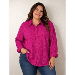 NEW Woman Within Women's Size 1X Button Up Top Blouse Shirt Pink Small Dot Print